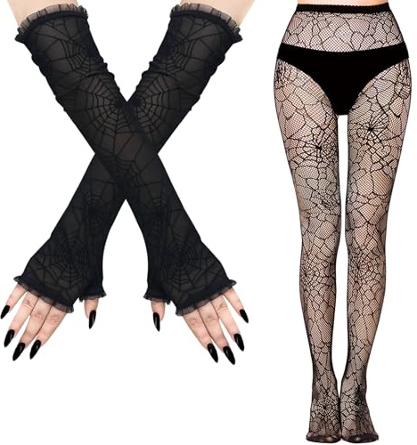 Medias Halloween Mujer Guantes de Tela de Araña, Medias de Rejilla con Telarañas, Halloween Pantimedias de Mujer, Guantes Largos de Encaje Sin Dedos para Halloween, Carnaval, Cosplay, Fiesta