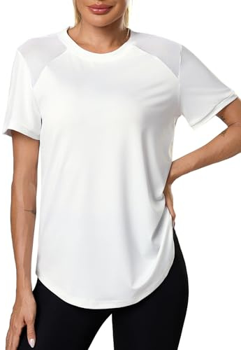 Terecey T-Shirt Sportiva Donna Manica Corta - Maglia Tecnica Leggera con Protezione UV per Corsa Palestra e Tempo Libero - Top Traspirante con Mesh Taglio Morbido Bianco L