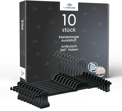 RSR Hangers Hosenbügel 10 Stück PUC Hosenspanner Klemmbügel Kleiderbügel Kunststoff 36 cm Schwarzer Haken | rutschfeste gummierte verstellbare Klammern | 360° Haken | platzsparend | Made in Germany