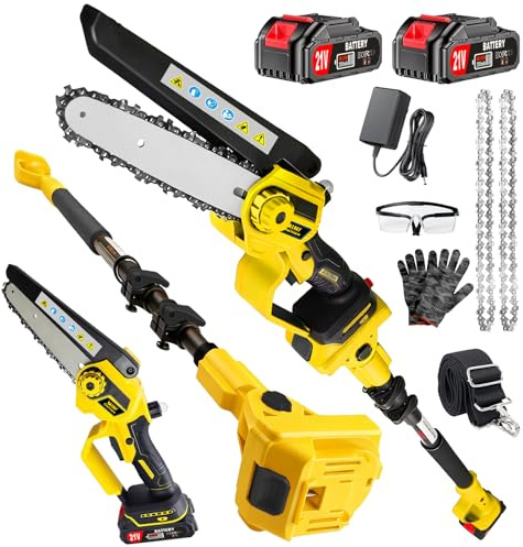 2-in-1 Electric Pole Saws for Tree Trimming, 6 Inch Mini Chainsaw Cordless with Extension Pole & 2Pcs Battery Powered, 16 Feet Electric Pole Chainsaw, Tree Trimmer Limb Branch Cutter Pruner-Yellow