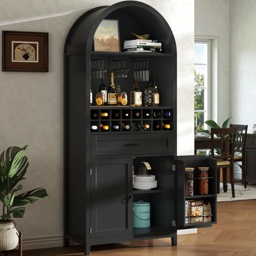 Loomie 75.7 Tall Arched Wine Cabinet, Modern Bar Cabinets with Glass Holders & Wine Rack, Liquor Cabinet for Home, Kitchen Pantry W/Drawer & Shelves, Versatile Cupboard for Dining Room (Black)