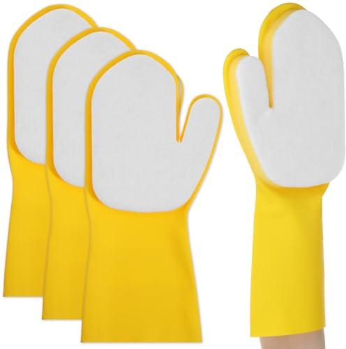 PercyEffie 4 Pcs Pool Cleaning Gloves Waterproof Latex Scrubbing Mitt with Scouring Pad for Hot Tub Spa Kitchen Dishwashing Car Window Reusable Yellow Cleaning Gloves Yellow