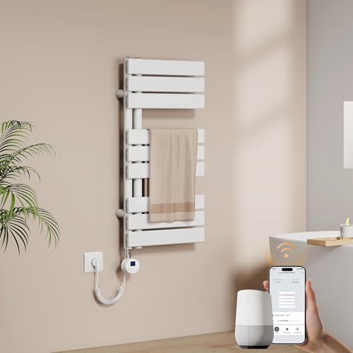 EMKE WiFi Handtuchheizkörper Elektrisch 762x400 mm - Flach Badheizkörper Elektrisch, Elektrischer Handtuchwärmer Handtuchtrockner Handtuch Heizkörper Bad mit Thermostat und Heizstab - 400W, Weiß