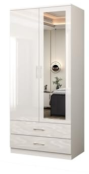 GLOSSIQUE 2 Door Wardrobe – High Gloss Storage Cabinet with Mirror, Hanging Rail, Deep Drawers & Adjustable Shelves | Strong MDF Bedroom Wardrobe For Bedroom Furniture (White)