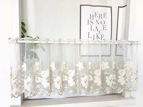 Daliena Scheibengardine Blumen Stickerei Kurzgardine BxH 150x60cm Gelb | Transparent Bistrogardine Modern Kurzstore mit Lochleiste Küchengardinen Landhaus, Gardinen für Kleinfenster 1 Stück