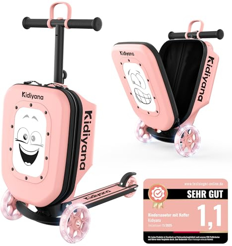 Kidiyana Scooter resväska, barnväska med skoter och LED-hjul, höjdjusterbart styre, A5-visningsfönster, 7 cm förvaringsutrymme, lämplig som handbagage, skoter, gåva för 2–8 år, rosa
