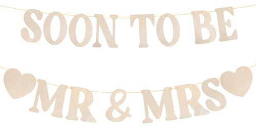 Soon To Be Mr & Mrs Banner, Pre-Strung Bridal Shower Decorations Gold Glitter Hanging Sign for Wedding Engagement Bachelorette Party Decoration Supplies
