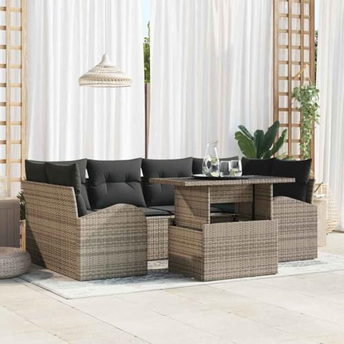 Yunovire Gartensofa-Set 7-teilig, Grau Poly Rattan, Modulares Loungesofa mit Kissen für Außenbereich, Terrasse, Balkon, Wetterfest, Langlebig