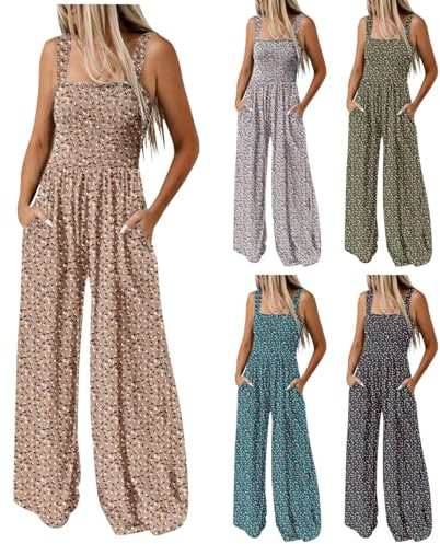 VPQILH Floral Dungarees for Women, Wide Leg Jumpsuit Sleeveless Romper Elastic Waist Bib Overalls Wide Shoulder Straps Playsuit with Pockets Bodysuit Palazzo Pants Ladies Bohemian Jumpsuits