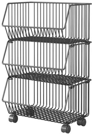 OEBUAFI Carro Rodante de Cocina Versátil, Estante de Almacenamiento de Alambre de Metal, Gran Capacidad, 2 Niveles Negros para Especias y Verduras, Cesta de Drenaje Extraíble (3 Niveles)