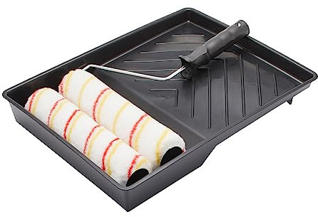 Fit For The Job 225mm-Doppel-Farbroller-Set f. Heiumwerker mit Dispersionsfarben an Wänden und Decken – mittelflorige Farbrollerhülsen für glatte und halbglatte Oberflächen, Rahmen und Schale