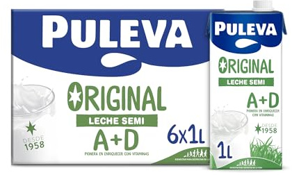 Puleva Original Leche Semidesnatada con Vitaminas A y D, Pack 6x1L | Leche UHT semidesnatada sin azúcares añadidos, enriquecida con vitaminas A y D. Sin gluten. Pack 6 briks de 1 litro.