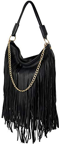 Emila Borsa nera con frange a spalla da donna ragazza passeggio con catena tracolla etnica casual bag capiente lavoro ufficio giorno viaggio per uscire Nero primavera estate 2026