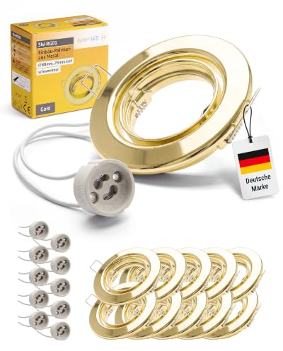 Sweet Led Einbaustrahler GU10 aus Metall – 10er Set - Einbaurahmen goldfarben 230V Einbauleuchten inkl. GU 10 Fassungen – Deckenspot schwenkbar – Einbauspots für LED oder Halogen – Spot rund