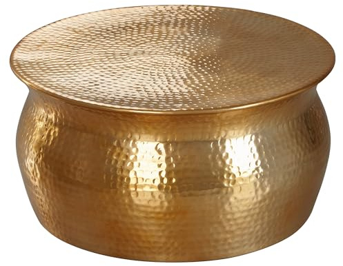 FineBuy Couchtisch Rund 60x60x30,5 cm Metall Gold, Wohnzimmertisch | Sofatisch in Hammerschlag-Optik, orientalischer Beistelltisch aus Aluminium, handgefertigtes Unikat, Loungetisch