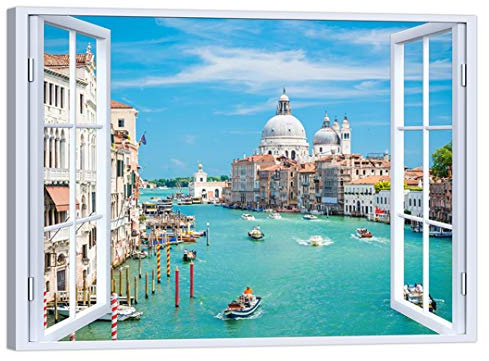 LuxHomeDecor Quadro Finestra su Venezia 100x75 cm Stampa su Tela con Telaio in Legno Arredamento Arte Arredo Moderno
