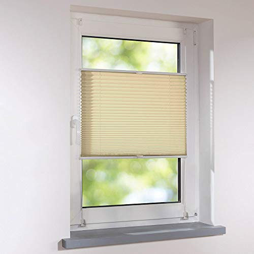 Plissee 80 x 220 cm verspannt - Farbe Creme - Faltstore Klemmfix ohne Bohren Faltrollo Raffrollo Sichtschutz für Fenster und Türen inkl. Klemmträger
