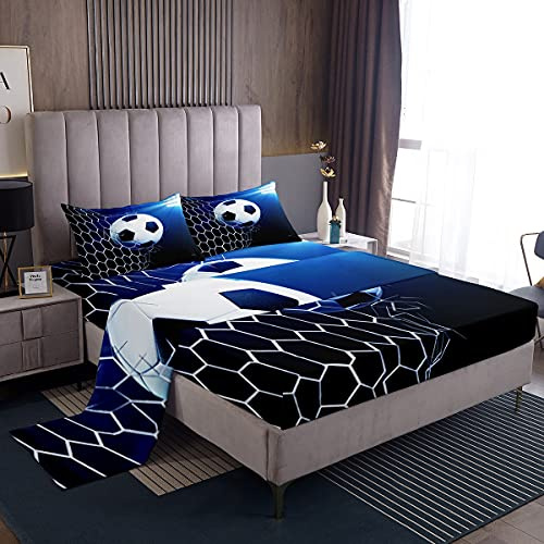 Loussiesd - Set di biancheria da letto 3D a tema calcio, con fogli a tema pallone da calcio per ragazzi e ragazze, set di lenzuola sportive, fogli luminosi blu, 3 pezzi, misura singolo