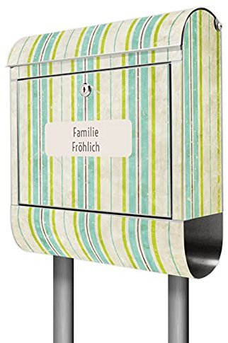 banjado® Briefkasten mit Standfuß personalisiert Motiv Vintage Streifenmuster - Stand Briefkasten Edelstahl mit Zeitungsfach - Postbox/Postkasten A4 Einwurf inkl. Montagematerial & 2 Schlüssel