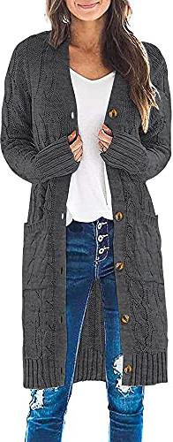 Earnmore Womens Long Cardigan Cable Knit Sweater, Long Sleeve Open Front Button Sweater Coats Outerwear with Pockets for Fall Winter