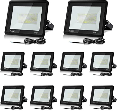 Lospitch 10x 100W Projecteur LED, 850LM Lumière de sécurité extérieure, 6000K Blanc froid, IP66 étanche, Eclairage de sécurité idéal pour le jardin, le garage, la cour [Classe énergétique A++]