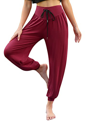 Terecey Pantalón Harem Mujer Cintura Alta con Cordón y Bolsillos Burdeos