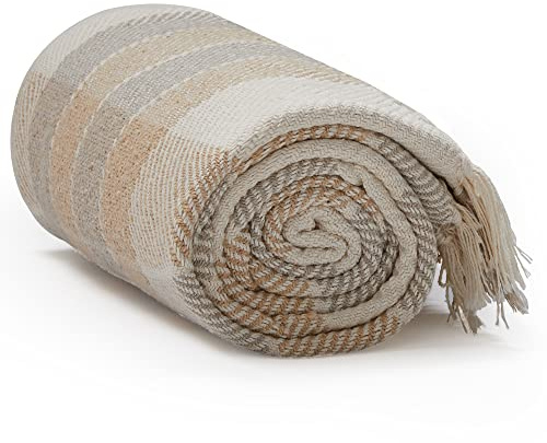 Americanflat 50x60 Throw Blanket - Soft and Breathable Cotton Throw Blanket for Couch, Bed, Chair - Decorative Blankets Perfect for Home, Office, or Outdoor Use - Camel and Beige Plaid Design