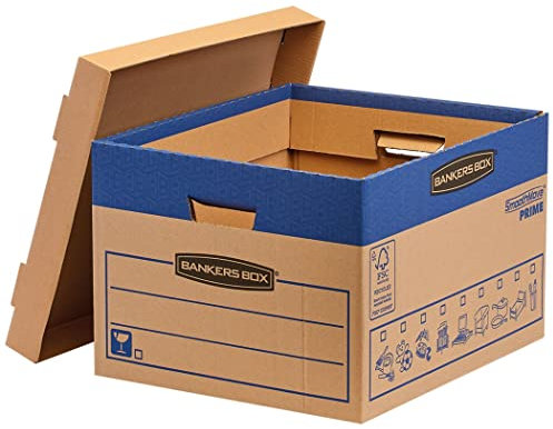 10 BANKERS BOX Large Strong Moving Boxes, 47L FastFold SmoothMove Cardboard Packing Storage Boxes, Heavy Duty Double Wall Boxes for Moving House with Handles, 43cm x 38cm x 29cm (Pack of 10), Brown
