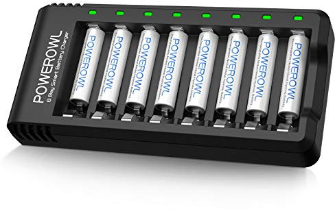 Batterie Ricaricabili AAA, POWEROWL 8 Pezzi 1000 mAh Batterie 1,2V Ni-MH 1200 cicli Alta Capacità con Caricabatterie 8 Slot (Ricarica Rapida USB, Slot Indipendente)