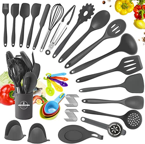 YUTUY 49pcs Set di Utensili da Cucina in Silicone con 20 Ami, 9 Misurini, 1 Secchio di Stoccaggio, Resistente al Calore Antiaderenti, con Ganci- Grigio Scuro