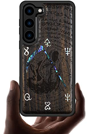 Carveit Designer Wooden Case for Samsung Galaxy S23 Plus Case Cover [Wood Engraving & Shell Inlay] Wood Phone Case Compatible with Wireless Chargers Galaxy S23 Plus Case (Grim Reaper-Blackwood)