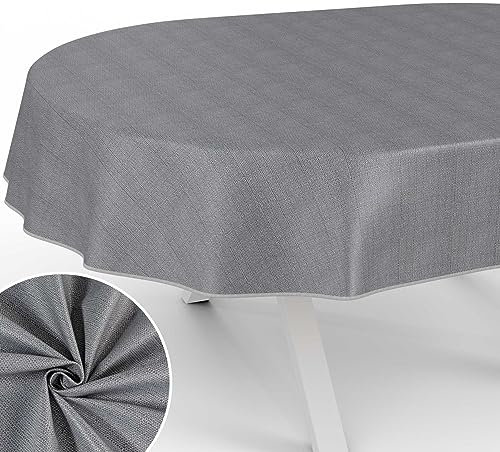 ANRO Tischdecke abwaschbar Damast Dunkelgrau mit Saum oval 280x140 cm