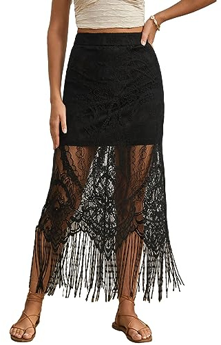 WDIRARA Women's Boho Solid Fringe Hem Lace See Through High Waisted Casual Overlay Long Skirt Black M
