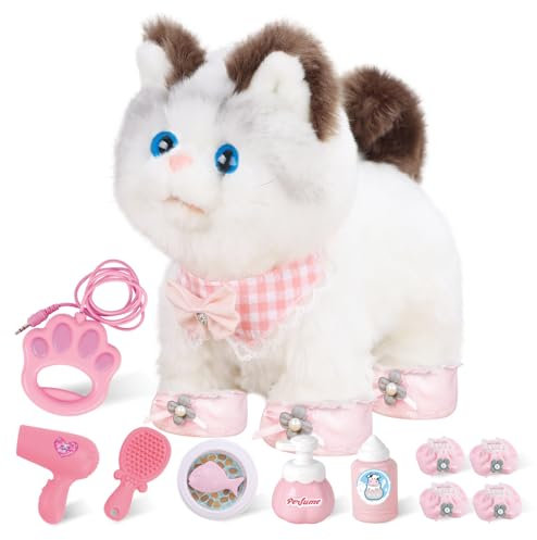 RuiDaXiang Elektronische Walking Plüsch Spielzeug Katze mit Fernbedienung Leine, realistische interaktive Begleiter Haustier Katze mit Zubehör, für 3-6 Jahre Jungen & Mädchen