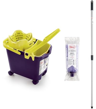Mery Set Cubo con Fregona y Palo, Cubo Escurridor automático con Ruedas y Cubeta Multiusos Morado y Lima, 14 L, Fregona Microfibra Absorbente, Rosca Universal, Palo Telescópico de Acero Plastificado