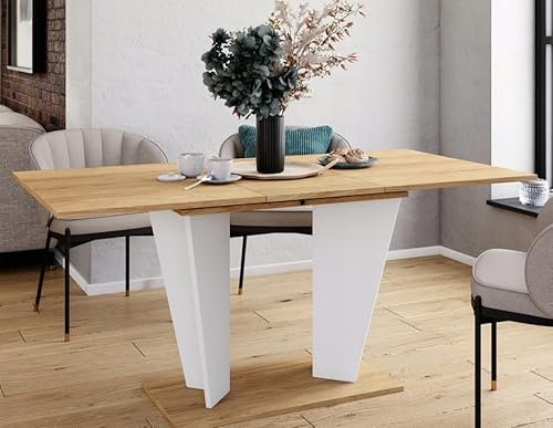 Sellon24® Esstisch Ausziehtisch Eiche Weiß, mit Synchronauszug, ABS-Kante, Design Esszimmertisch für 4-6 Personen, 120-160x76x80 cm (BxHxT) VIOLAN II R
