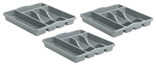 (Set of 3) 5 Compartment Small Plastic Cutlery Holder Tray Drawer Organiser Rack Holder Kitchen Cutlery Tray Silverware Flatware Storage Organizer For Drawer Spoons Forks Knives Holder (Silver)
