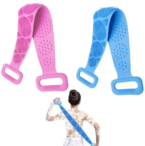 EUPSIIU 2 Stücke Rückenbürste Körperbürste Silikon Körperbürste, Double-Sided Badebürste, Rückenschrubber Silikon Badebürste, Peelingbürste Rückenbürste, Entfernen Abgestorbener Haut (Blau, Rosa)