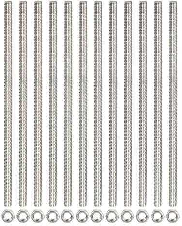 TOP-VIGOR 12Pcs M4 x 250mm Fully Threaded Rod, 304 Stainless Steel Right Hand Threads Rods, Fully Studding Rod Bar with 12Pcs Hex Nuts for Anchor Bolts, Clamps, Hangers and U-Bolts