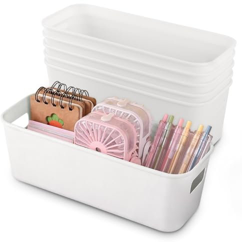 Cartlant 6 Pack Small Storage Baskets, Narrow Plastic Bathroom Storage Box Long White Containers with Handle, Cupboard Cabinet Organiser Deep Trays for Kitchen Shelves Drawers, 27.5×10.5×9.5cm