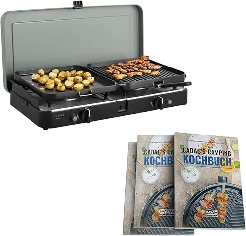 CADAC - 2-Cook 3 Pro Deluxe Camping Gasgrill - 50mBar | Stahl, Aluminium und Kunststoff, Gas-Campingkocher, inkl. Camping Kuchbuch & Transporttasche, Verwendung im Freien