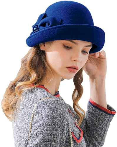 RZTA Damen Vintage 100% Wollfilz Glocke Eimer Bowler Hut Winter Vintage Schleife Fedoras Kirche Fascinator, A04 Blau, Einheitsgröße