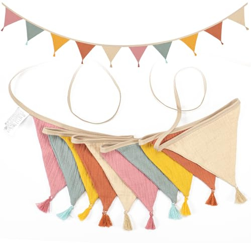 Wimpelkette Kinderzimmer,Musselin Baumwolle Stoff Wimpelkette,Girlande Kinderzimmer Deko zum Aufhängen, Hausbett Deko Mädchen & Jungen,Wanddeko Geschenk,Babyzimmer Dekoration (Fringe Pink)