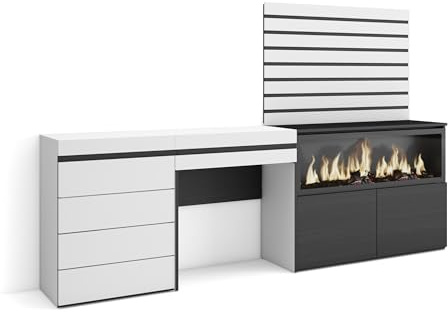 Skraut Home | Schminktisch | Frisiertisch mit Stauraum | 234x145x35 cm | mit Schublade | Elektrokamin XXL | Kommode mit Schubladen | Lamellenwand Holz | Moderner Stil | Weiß