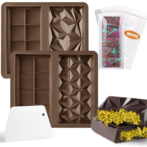 MARUKO 2 Pcs Silicone Chocolate Moulds, Christmas and Thanksgiving Gifts,Deep Chocolate Mould with 100 Pcs Bags + 1 Scraper, Big Chocolate Bar Moulds DIY Gift Kitchen Accessories