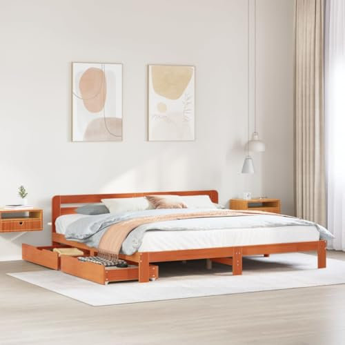 Homgoday Massivholzbett mit Kopfteil Stauraumbett Schubladenbett Doppelbett Einzelbett Holzbett Bettgestell Bettrahmen Lattenrost für Schlafzimmer Gästezimmer Wachsbraun 180x200 Kiefernholz