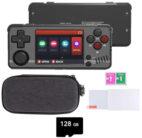 MIY-OO A30 bärbar handhållen spelkonsol inbyggt 128G TF-kort, Cortex-A7 Linux-system 2,8 tum IPS-skärm retro TV-spelkonsoler med förvaringsväska, 2 600 mAh