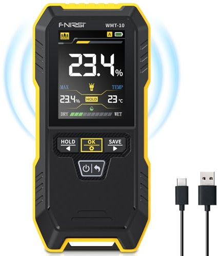 FNIRSI WMT-10 Rechargable Wood Moisture Meter, Pinless Moisture Meter for Wood, Wall, Firewood, Support Data Hold and Record, Flashlight, Humidity Detector for Lumber Concrete Building