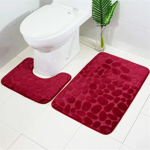 GIBZ Badematte Set 2 Teilig Einfarbig Badezimmerteppiche Korallenvlies Badteppich Saugfähig Weich rutschfest Toilettenmatte Rot 50 * 80CM+U50*40CM