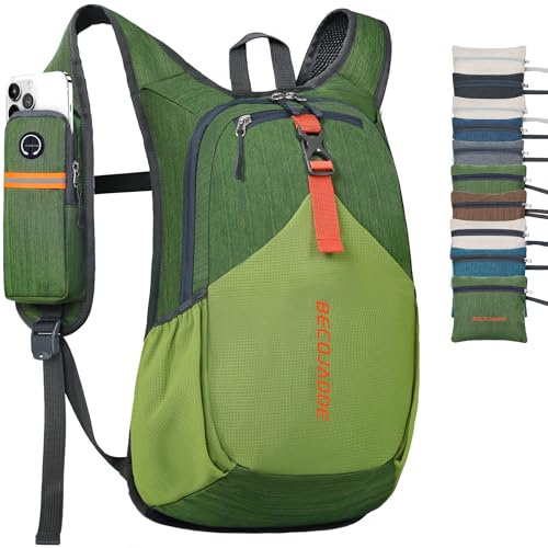 BECOJADDE 15L Wanderrucksack Herren Kleiner Rucksack Damen Leichter Daypack Tagesrucksack Faltbarer Trekkingrucksack für Camping Outdoor Wandern Travel, Olivgrün